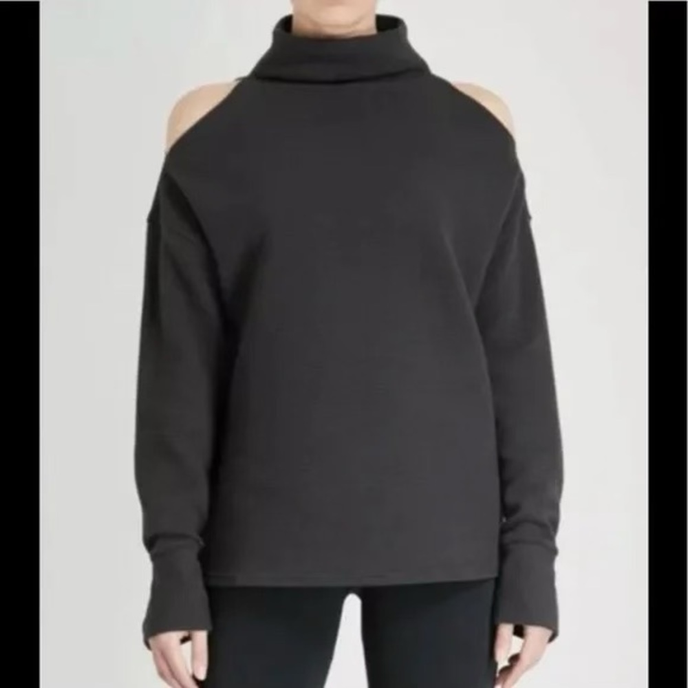Varley- Cotton Ribbed Cut-Out Shoulder Top.  Dark Grey.  Size M.